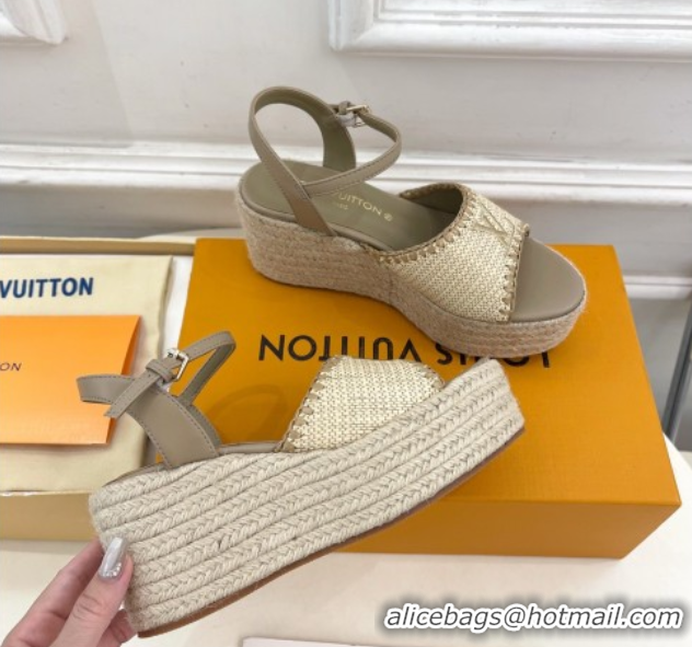 Good Product Louis Vuitton Starboard Wedge Platform Sandals 8cm in LV Raffia and Leather Grey 0609019