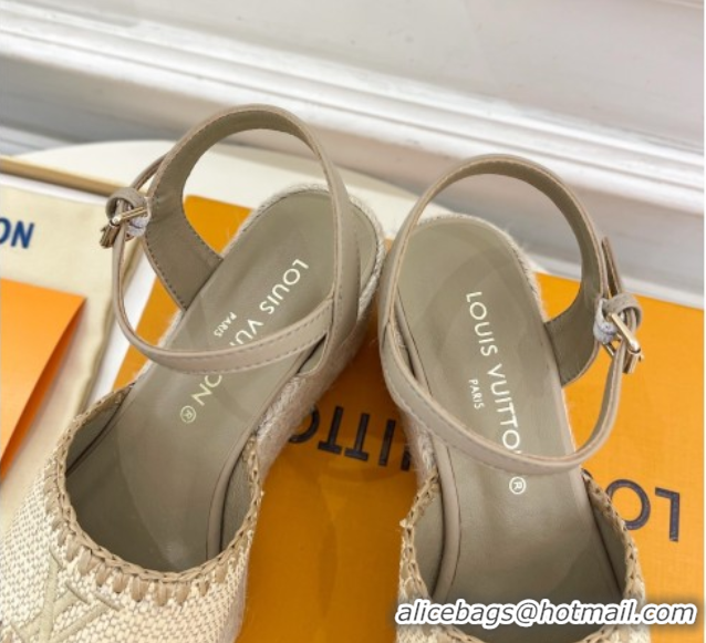 Good Product Louis Vuitton Starboard Wedge Platform Sandals 8cm in LV Raffia and Leather Grey 0609019