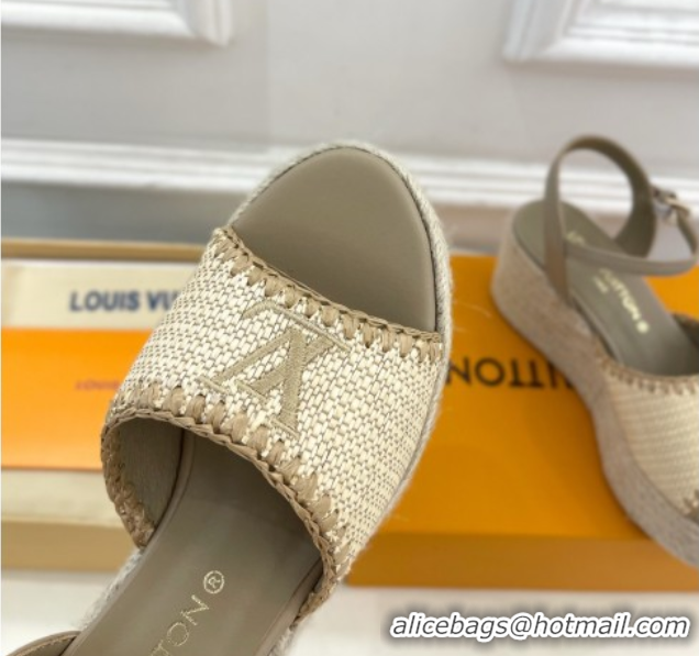 Good Product Louis Vuitton Starboard Wedge Platform Sandals 8cm in LV Raffia and Leather Grey 0609019