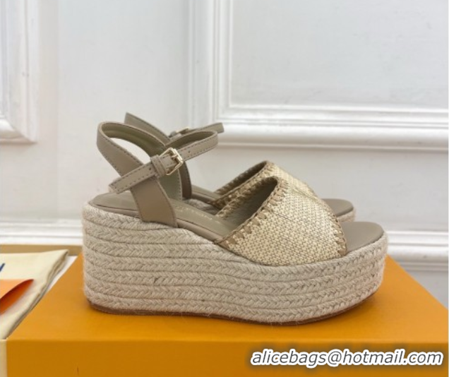 Good Product Louis Vuitton Starboard Wedge Platform Sandals 8cm in LV Raffia and Leather Grey 0609019