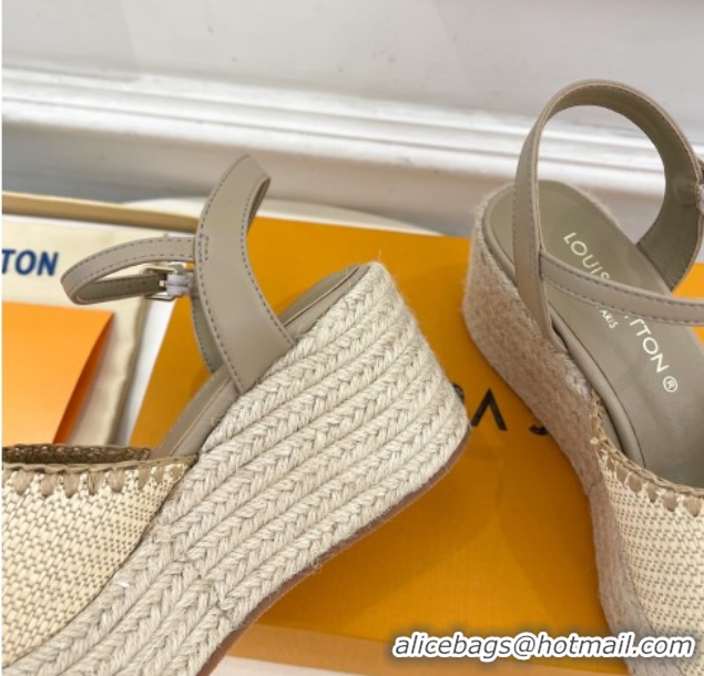Good Product Louis Vuitton Starboard Wedge Platform Sandals 8cm in LV Raffia and Leather Grey 0609019