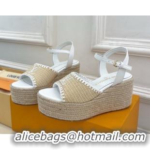 Grade Louis Vuitton Starboard Wedge Platform Sandals 8cm in LV Raffia and Leather White 0609020