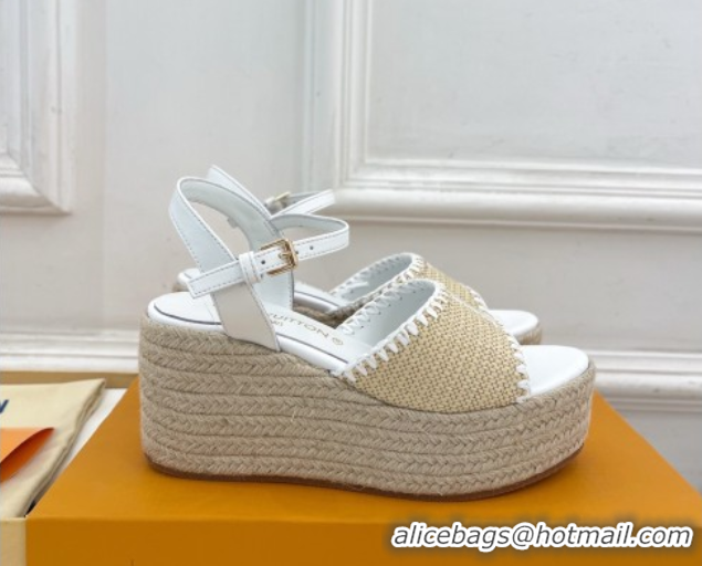 Grade Louis Vuitton Starboard Wedge Platform Sandals 8cm in LV Raffia and Leather White 0609020