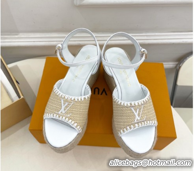 Grade Louis Vuitton Starboard Wedge Platform Sandals 8cm in LV Raffia and Leather White 0609020