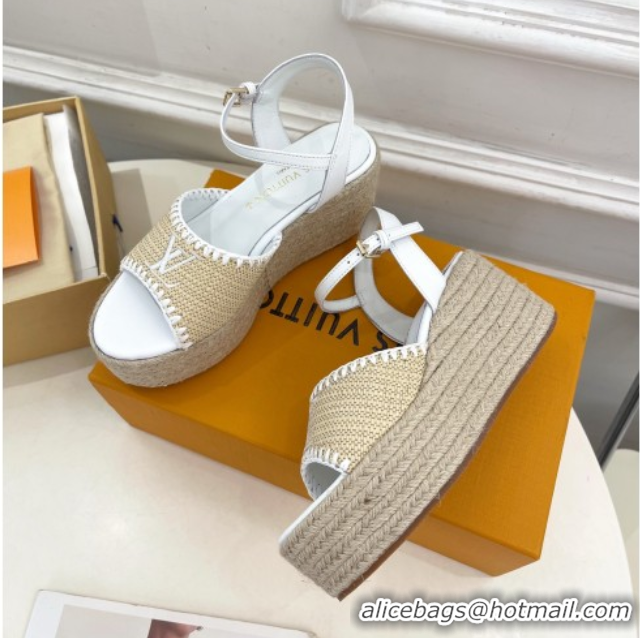 Grade Louis Vuitton Starboard Wedge Platform Sandals 8cm in LV Raffia and Leather White 0609020