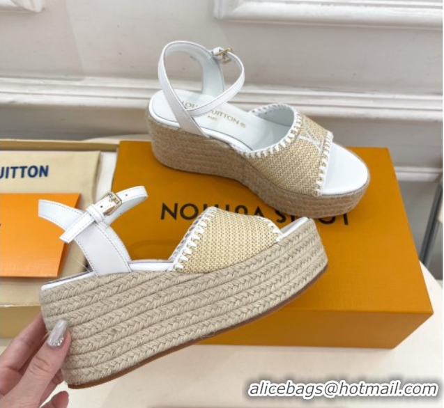 Grade Louis Vuitton Starboard Wedge Platform Sandals 8cm in LV Raffia and Leather White 0609020
