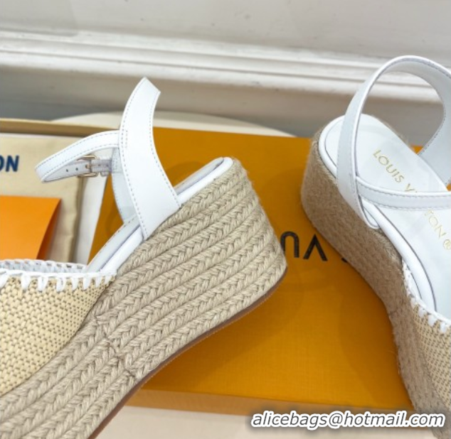 Grade Louis Vuitton Starboard Wedge Platform Sandals 8cm in LV Raffia and Leather White 0609020