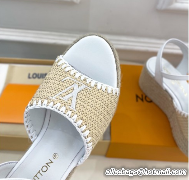 Grade Louis Vuitton Starboard Wedge Platform Sandals 8cm in LV Raffia and Leather White 0609020