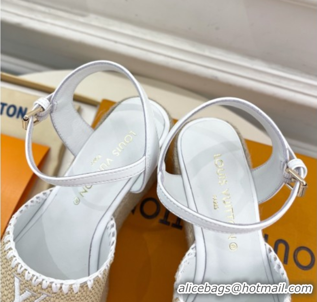 Grade Louis Vuitton Starboard Wedge Platform Sandals 8cm in LV Raffia and Leather White 0609020