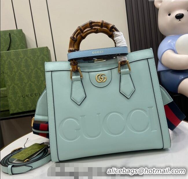 Market Sells Gucci Diana Leather Small Tote Bag with Embossed GUCCI Logo 702721 Pale Blue 2024