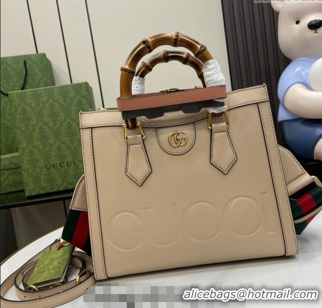 Top Quality Gucci Diana Leather Small Tote Bag with Embossed GUCCI Logo 702721 Beige 2024