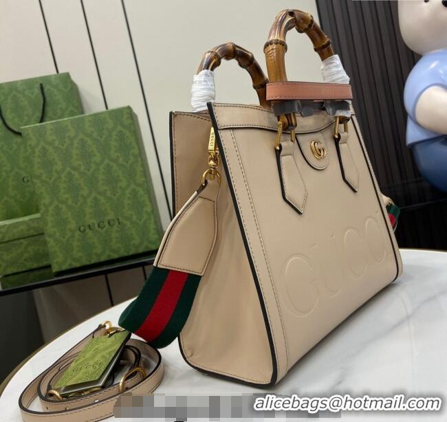 Top Quality Gucci Diana Leather Small Tote Bag with Embossed GUCCI Logo 702721 Beige 2024