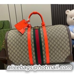 New Design Gucci Savoy GG Canvas Large Duffle Travel Bag with Fluorescent 724612 Orange Trim 2024