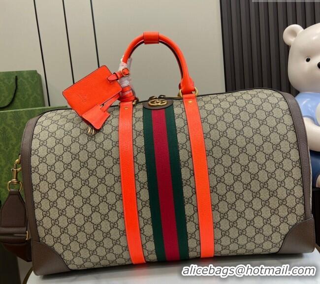 New Design Gucci Savoy GG Canvas Large Duffle Travel Bag with Fluorescent 724612 Orange Trim 2024