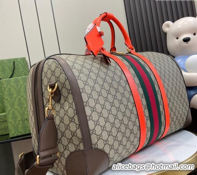 New Design Gucci Savoy GG Canvas Large Duffle Travel Bag with Fluorescent 724612 Orange Trim 2024