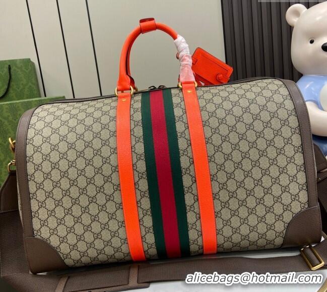 New Design Gucci Savoy GG Canvas Large Duffle Travel Bag with Fluorescent 724612 Orange Trim 2024