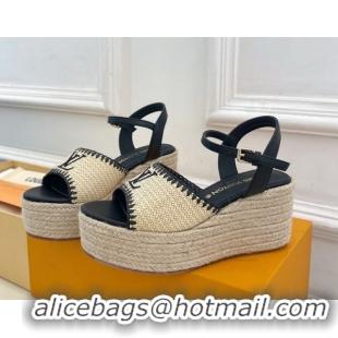 Big Discount Louis Vuitton Starboard Wedge Platform Sandals 8cm in LV Raffia and Leather Black 0609021