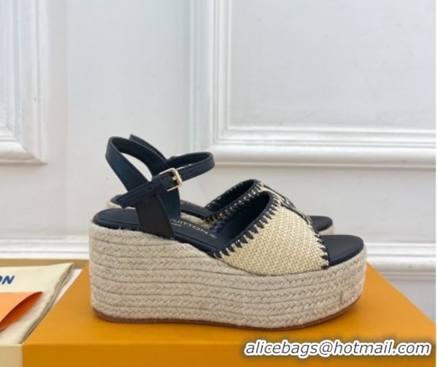 Big Discount Louis Vuitton Starboard Wedge Platform Sandals 8cm in LV Raffia and Leather Black 0609021