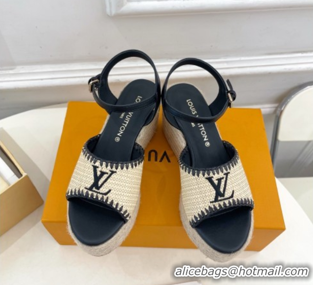 Big Discount Louis Vuitton Starboard Wedge Platform Sandals 8cm in LV Raffia and Leather Black 0609021