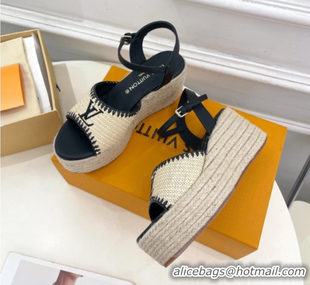 Big Discount Louis Vuitton Starboard Wedge Platform Sandals 8cm in LV Raffia and Leather Black 0609021