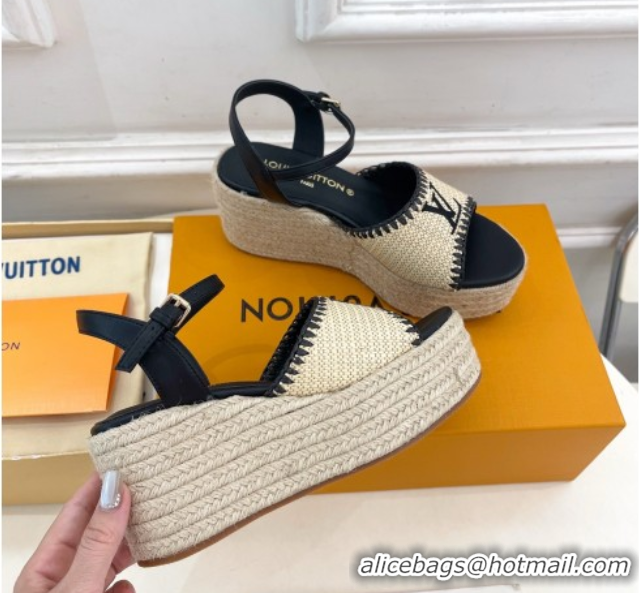 Big Discount Louis Vuitton Starboard Wedge Platform Sandals 8cm in LV Raffia and Leather Black 0609021