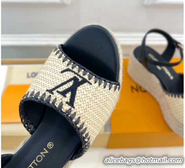 Big Discount Louis Vuitton Starboard Wedge Platform Sandals 8cm in LV Raffia and Leather Black 0609021