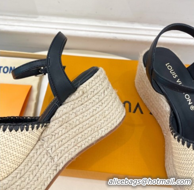 Big Discount Louis Vuitton Starboard Wedge Platform Sandals 8cm in LV Raffia and Leather Black 0609021