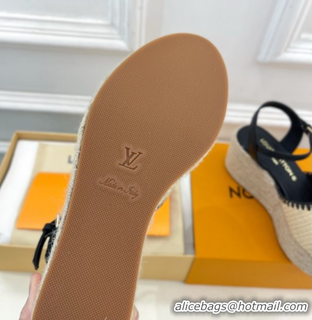 Big Discount Louis Vuitton Starboard Wedge Platform Sandals 8cm in LV Raffia and Leather Black 0609021