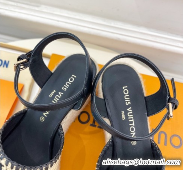 Big Discount Louis Vuitton Starboard Wedge Platform Sandals 8cm in LV Raffia and Leather Black 0609021