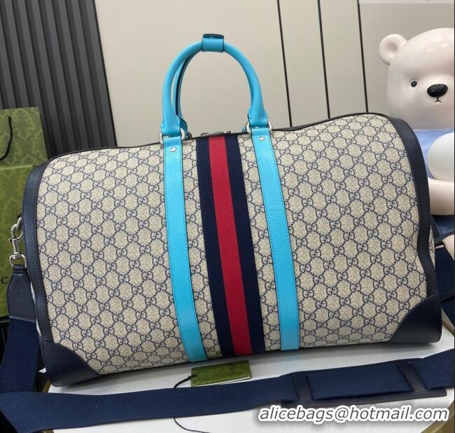 Spot Cheap Gucci Savoy GG Canvas Large Duffle Travel Bag with Fluorescent 724612 Blue Trim 2024