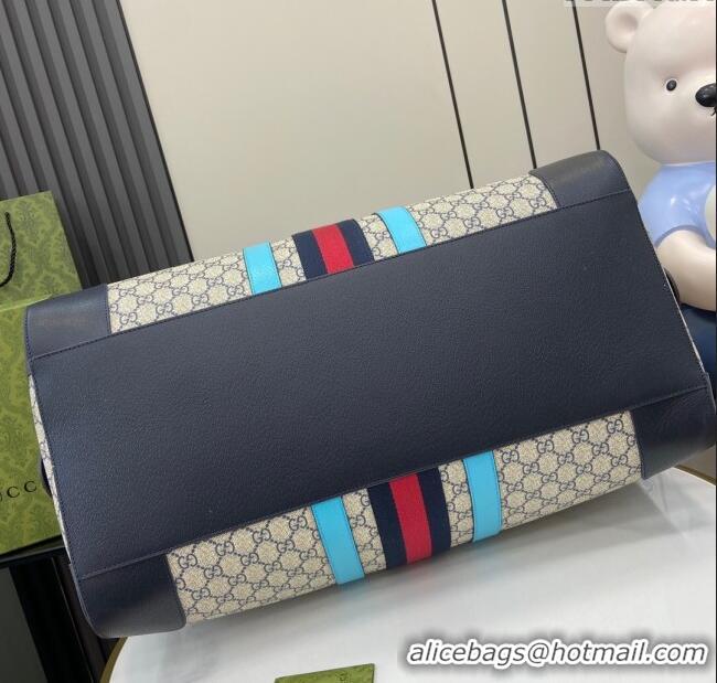 Spot Cheap Gucci Savoy GG Canvas Large Duffle Travel Bag with Fluorescent 724612 Blue Trim 2024