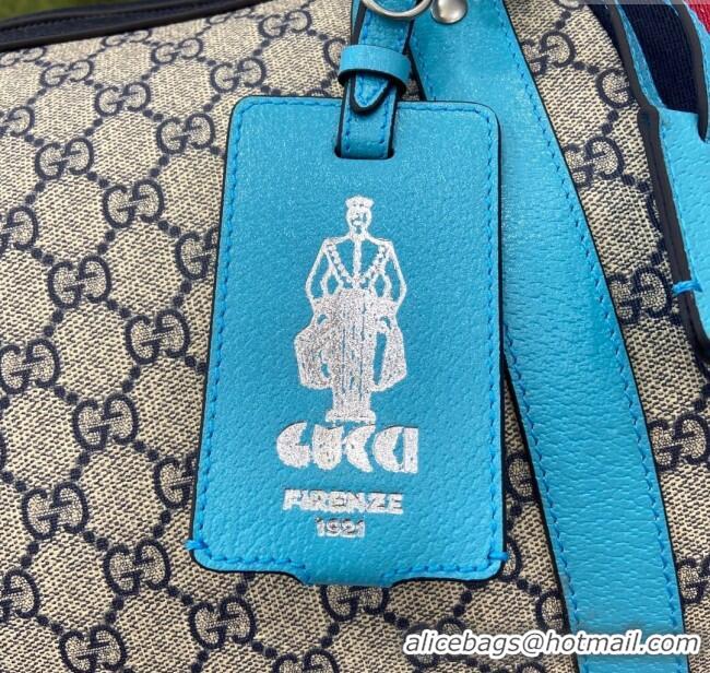 Spot Cheap Gucci Savoy GG Canvas Large Duffle Travel Bag with Fluorescent 724612 Blue Trim 2024