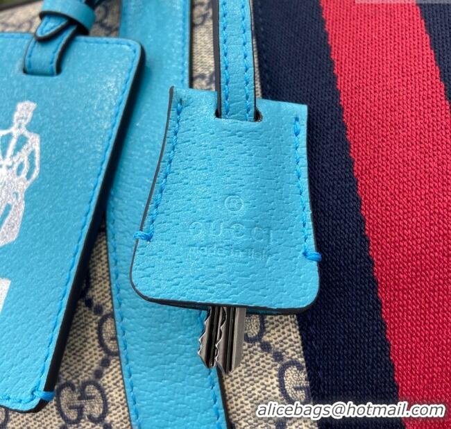 Spot Cheap Gucci Savoy GG Canvas Large Duffle Travel Bag with Fluorescent 724612 Blue Trim 2024