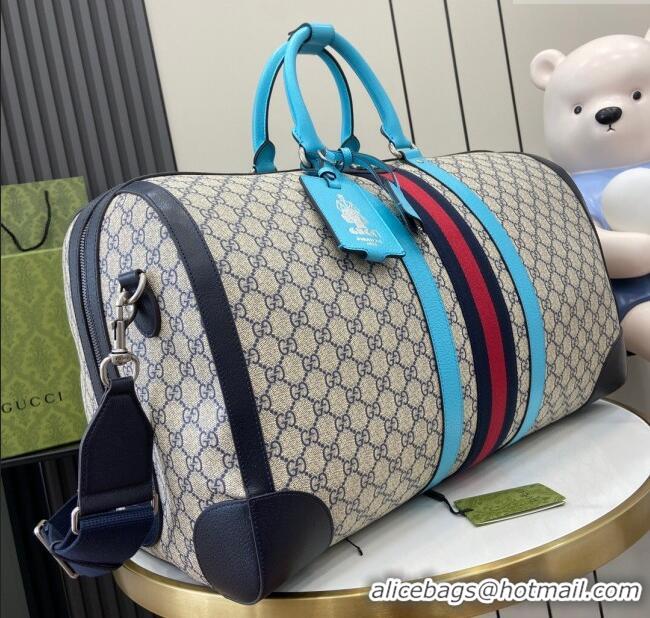 Spot Cheap Gucci Savoy GG Canvas Large Duffle Travel Bag with Fluorescent 724612 Blue Trim 2024