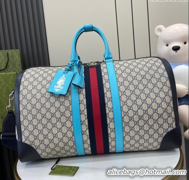 Spot Cheap Gucci Savoy GG Canvas Large Duffle Travel Bag with Fluorescent 724612 Blue Trim 2024