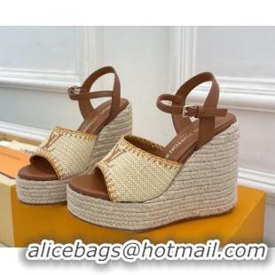Cheap Louis Vuitton Starboard Wedge Platform Sandals 12cm in LV Raffia and Leather Brown 0609022
