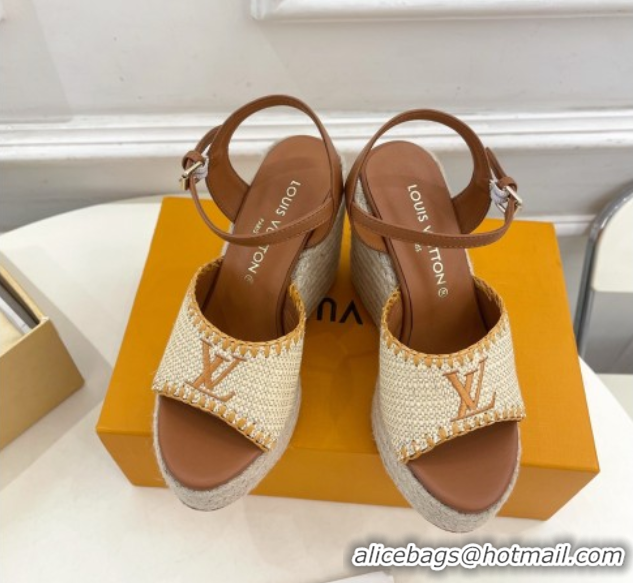 Cheap Louis Vuitton Starboard Wedge Platform Sandals 12cm in LV Raffia and Leather Brown 0609022