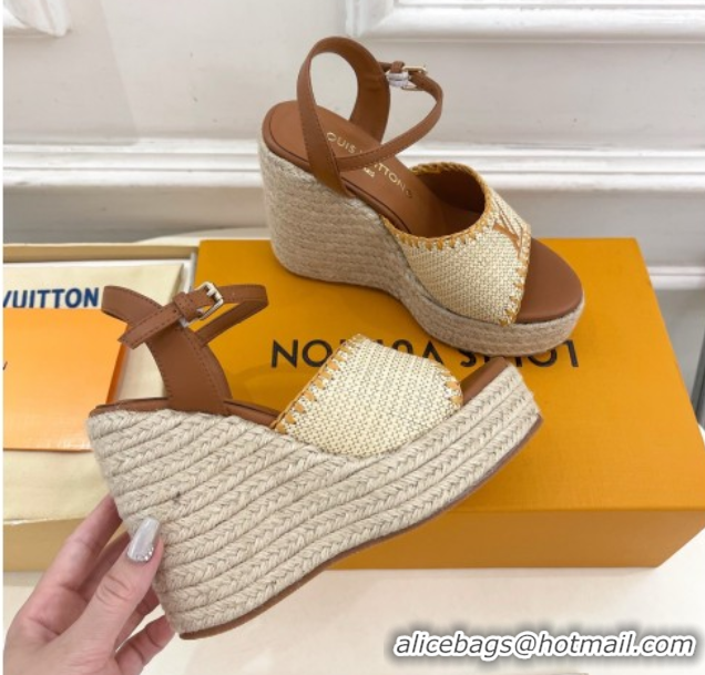 Cheap Louis Vuitton Starboard Wedge Platform Sandals 12cm in LV Raffia and Leather Brown 0609022