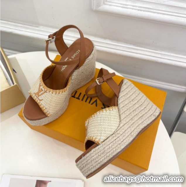 Cheap Louis Vuitton Starboard Wedge Platform Sandals 12cm in LV Raffia and Leather Brown 0609022