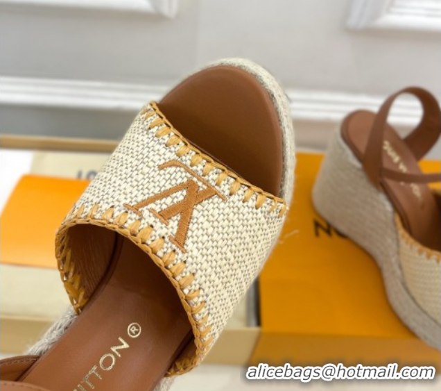 Cheap Louis Vuitton Starboard Wedge Platform Sandals 12cm in LV Raffia and Leather Brown 0609022