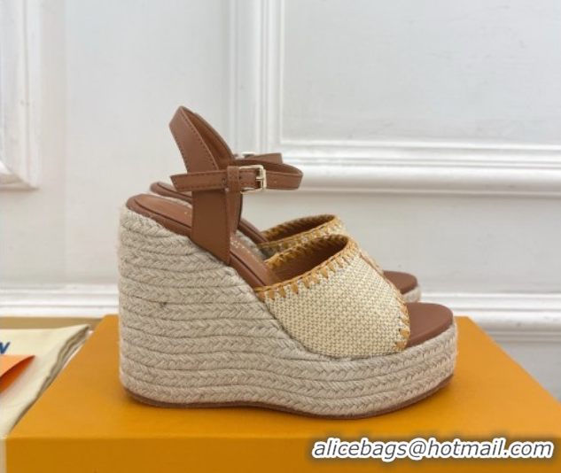 Cheap Louis Vuitton Starboard Wedge Platform Sandals 12cm in LV Raffia and Leather Brown 0609022