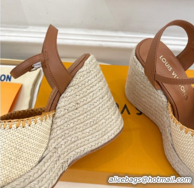 Cheap Louis Vuitton Starboard Wedge Platform Sandals 12cm in LV Raffia and Leather Brown 0609022