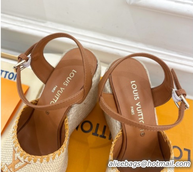 Cheap Louis Vuitton Starboard Wedge Platform Sandals 12cm in LV Raffia and Leather Brown 0609022