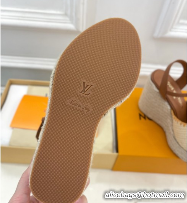 Cheap Louis Vuitton Starboard Wedge Platform Sandals 12cm in LV Raffia and Leather Brown 0609022