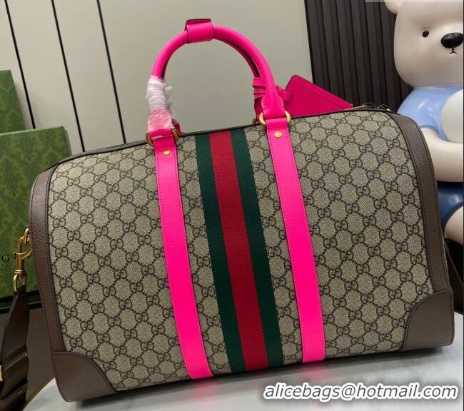 Top Quality Gucci Savoy GG Canvas Small Duffle Travel Bag with Fluorescent Pink Trim 724642 2024