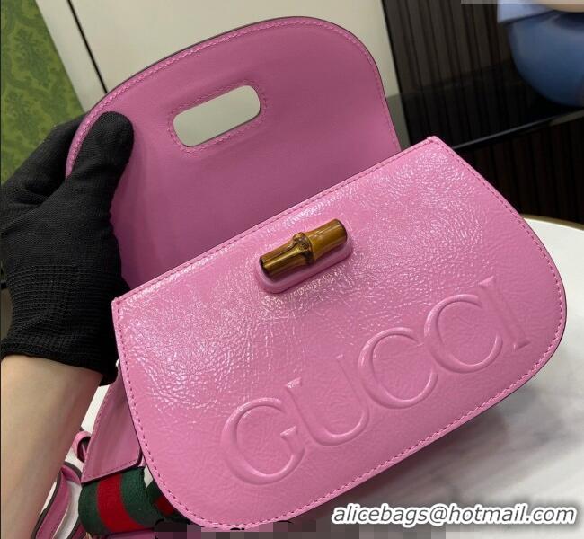 Best Price Gucci Bamboo 1947 Patent Leather Small bag with Embossed GUCCI Logo 675797 Pink 2024