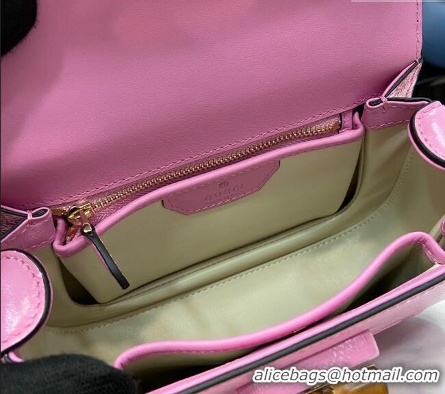 Best Price Gucci Bamboo 1947 Patent Leather Small bag with Embossed GUCCI Logo 675797 Pink 2024