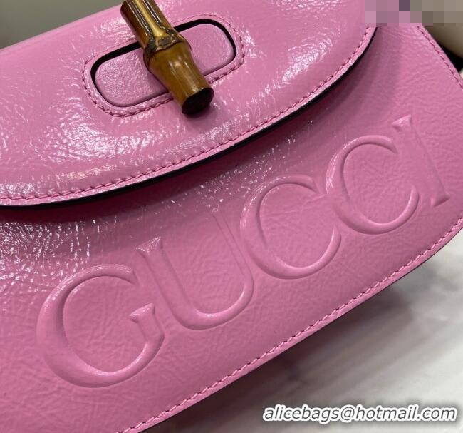 Best Price Gucci Bamboo 1947 Patent Leather Small bag with Embossed GUCCI Logo 675797 Pink 2024