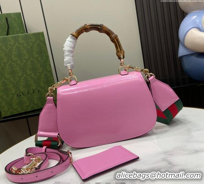 Best Price Gucci Bamboo 1947 Patent Leather Small bag with Embossed GUCCI Logo 675797 Pink 2024