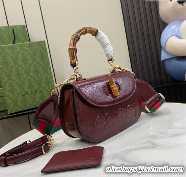 Well Crafted Gucci Bamboo 1947 Patent Leather Small bag with Embossed GUCCI Logo 675797 Burgundy 2024